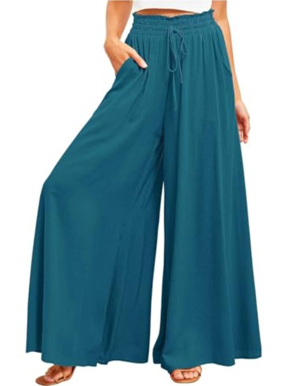 Women Wide Leg Palazzo Pants High Waisted Elastic Waist Pleated Trousers Pockets